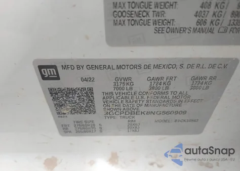 2022 Chevrolet Silverado 1500 4Wd Short Bed Custom z USA, uszkodzony, nr VIN 3GCPDBEK8NG560909